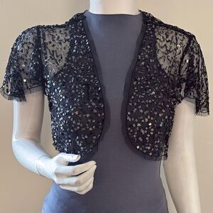 Vintage Y2K Liz Claiborne Black Cropped Sheer Mesh Sequin Bolero Shrug